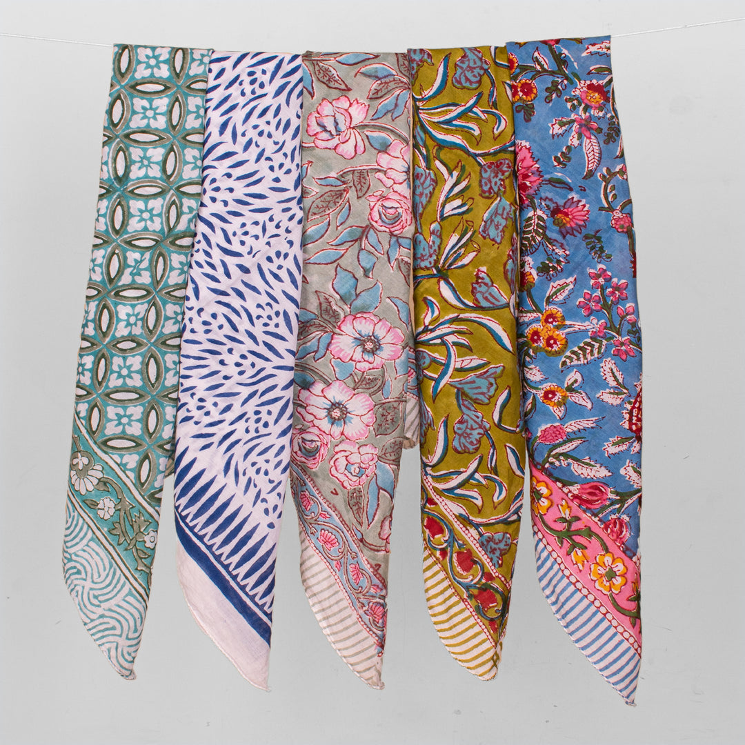 Cotton Bandanas, Unisex Vintage Style Bandanas, Hand block Printed Head Scarf, Festival & Outdoor Bandana Accessory - 5pcs
