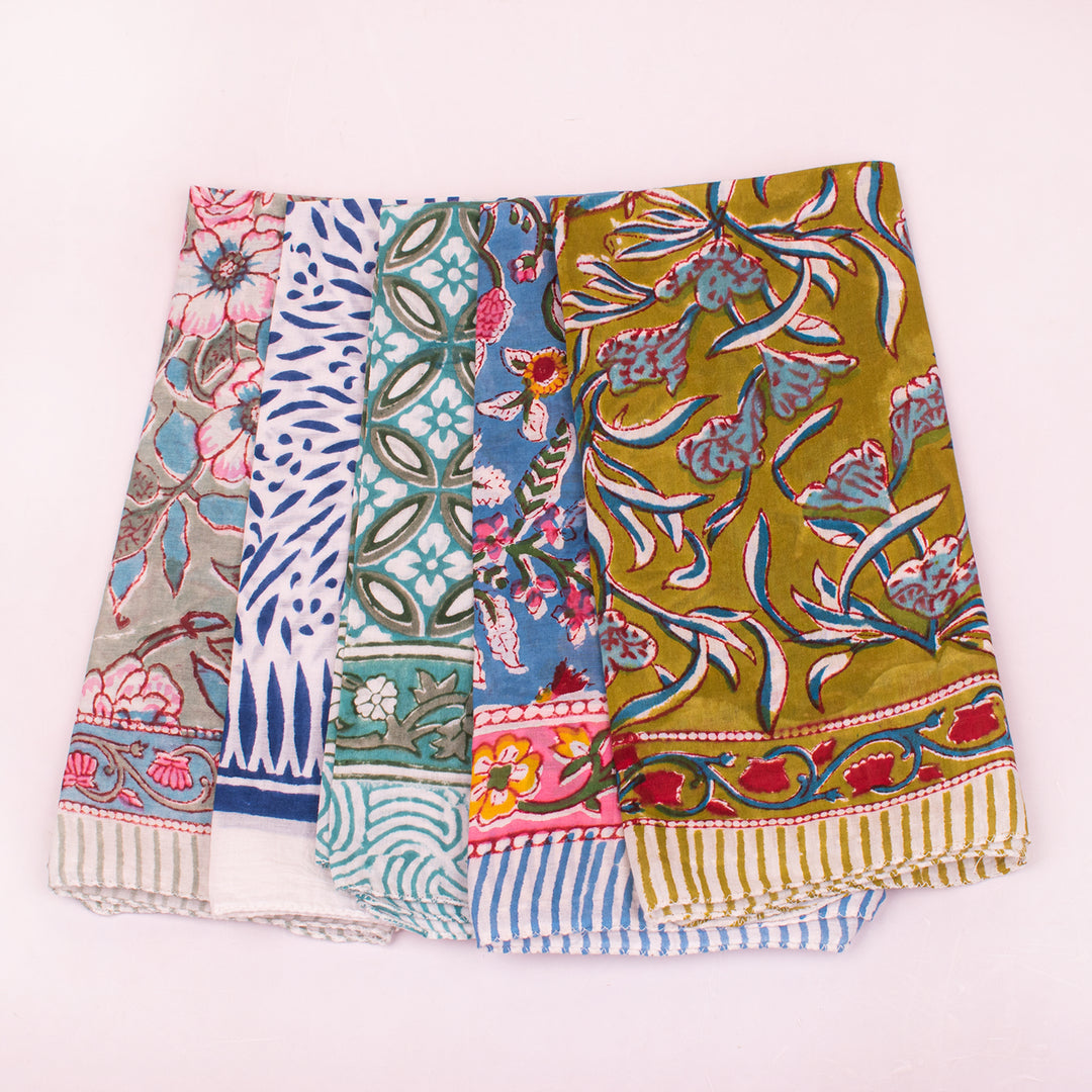 Cotton Bandanas, Unisex Vintage Style Bandanas, Hand block Printed Head Scarf, Festival & Outdoor Bandana Accessory - 5pcs