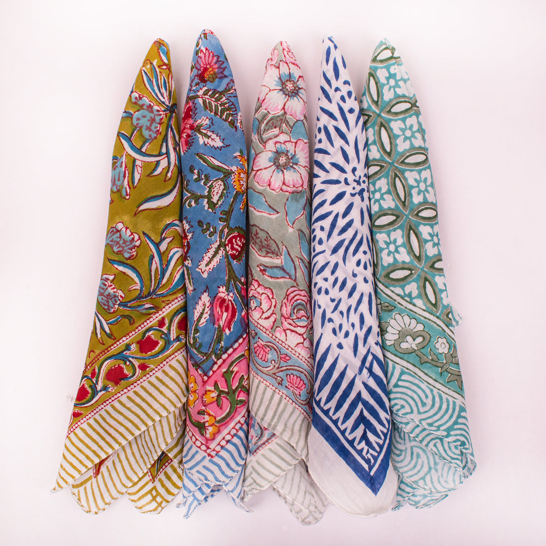 Cotton Bandanas, Unisex Vintage Style Bandanas, Hand block Printed Head Scarf, Festival & Outdoor Bandana Accessory - 5pcs
