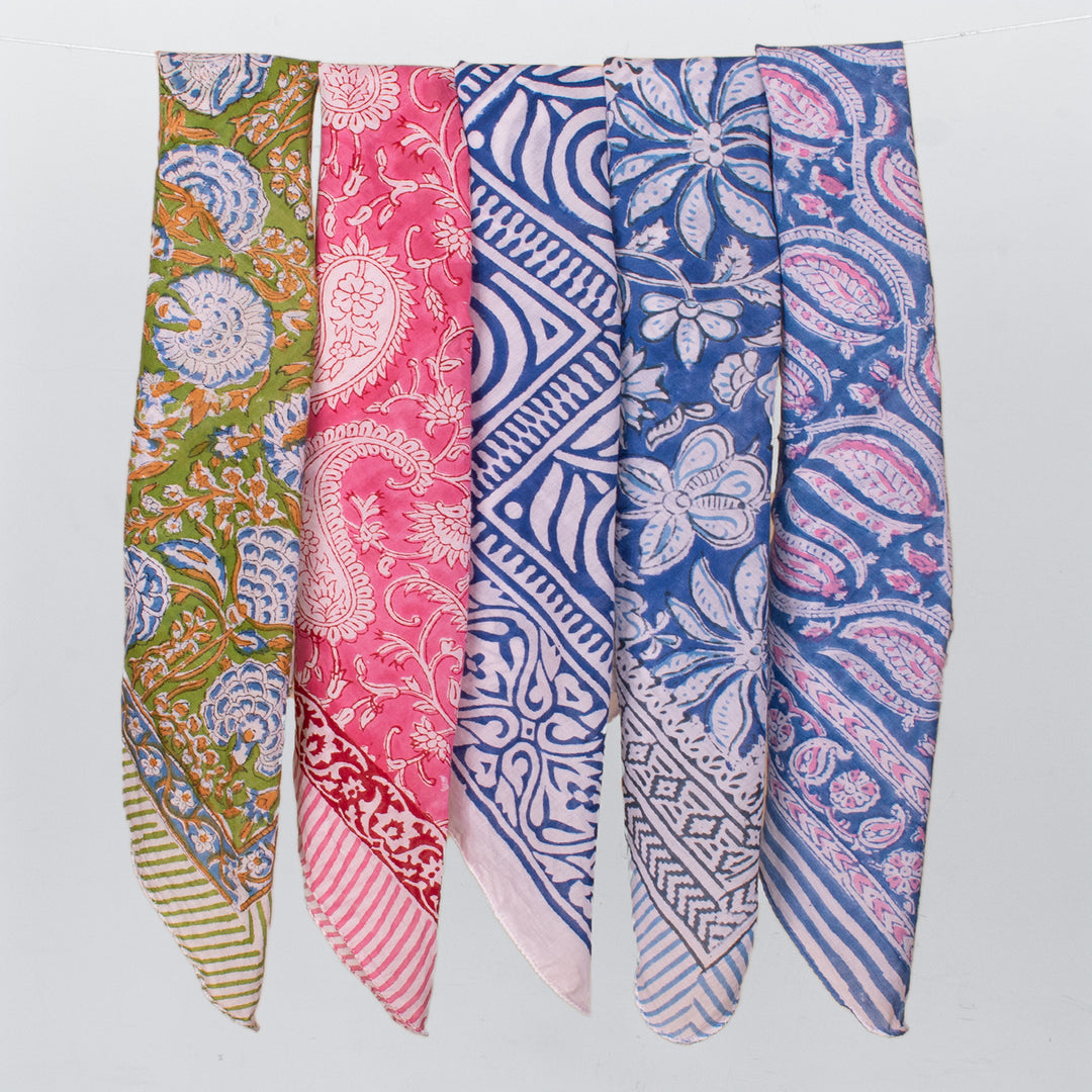 Cotton Bandanas, Neck & Wrist Scarf, Unisex Vintage Style Bandanas, Hand block Printed Head Wrap, Festival & Outdoor Accessory - 5pcs
