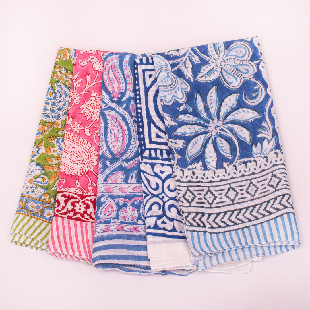 Cotton Bandanas, Neck & Wrist Scarf, Unisex Vintage Style Bandanas, Hand block Printed Head Wrap, Festival & Outdoor Accessory - 5pcs