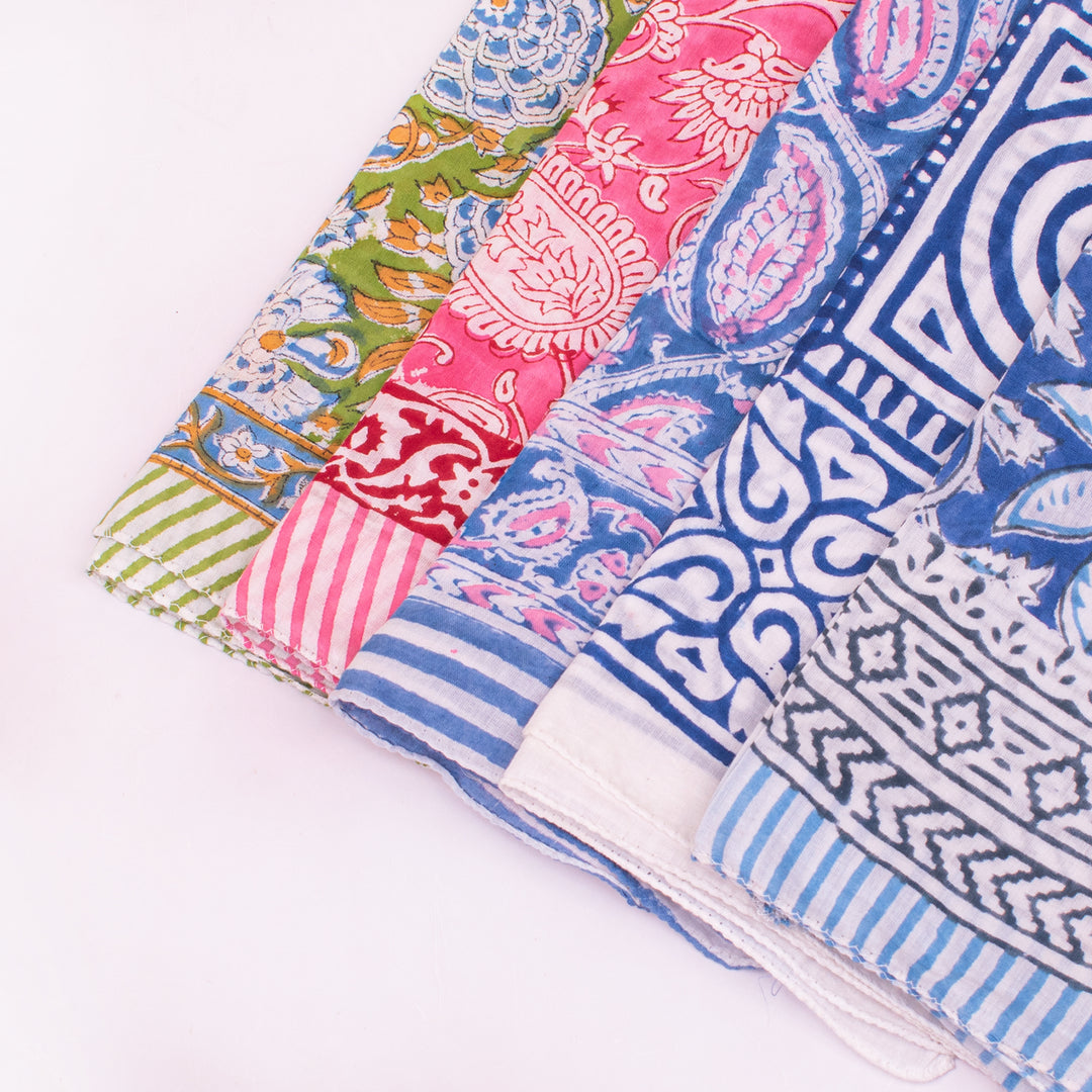 Cotton Bandanas, Neck & Wrist Scarf, Unisex Vintage Style Bandanas, Hand block Printed Head Wrap, Festival & Outdoor Accessory - 5pcs