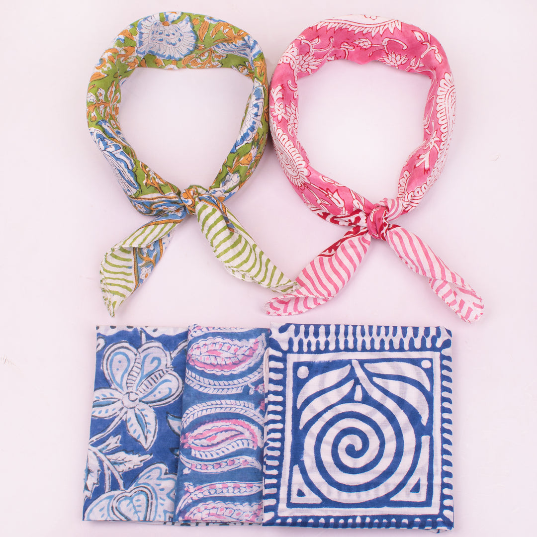 Cotton Bandanas, Neck & Wrist Scarf, Unisex Vintage Style Bandanas, Hand block Printed Head Wrap, Festival & Outdoor Accessory - 5pcs