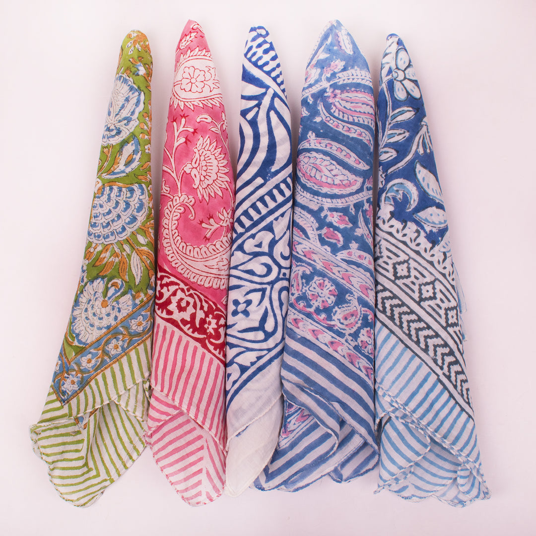 Cotton Bandanas, Neck & Wrist Scarf, Unisex Vintage Style Bandanas, Hand block Printed Head Wrap, Festival & Outdoor Accessory - 5pcs