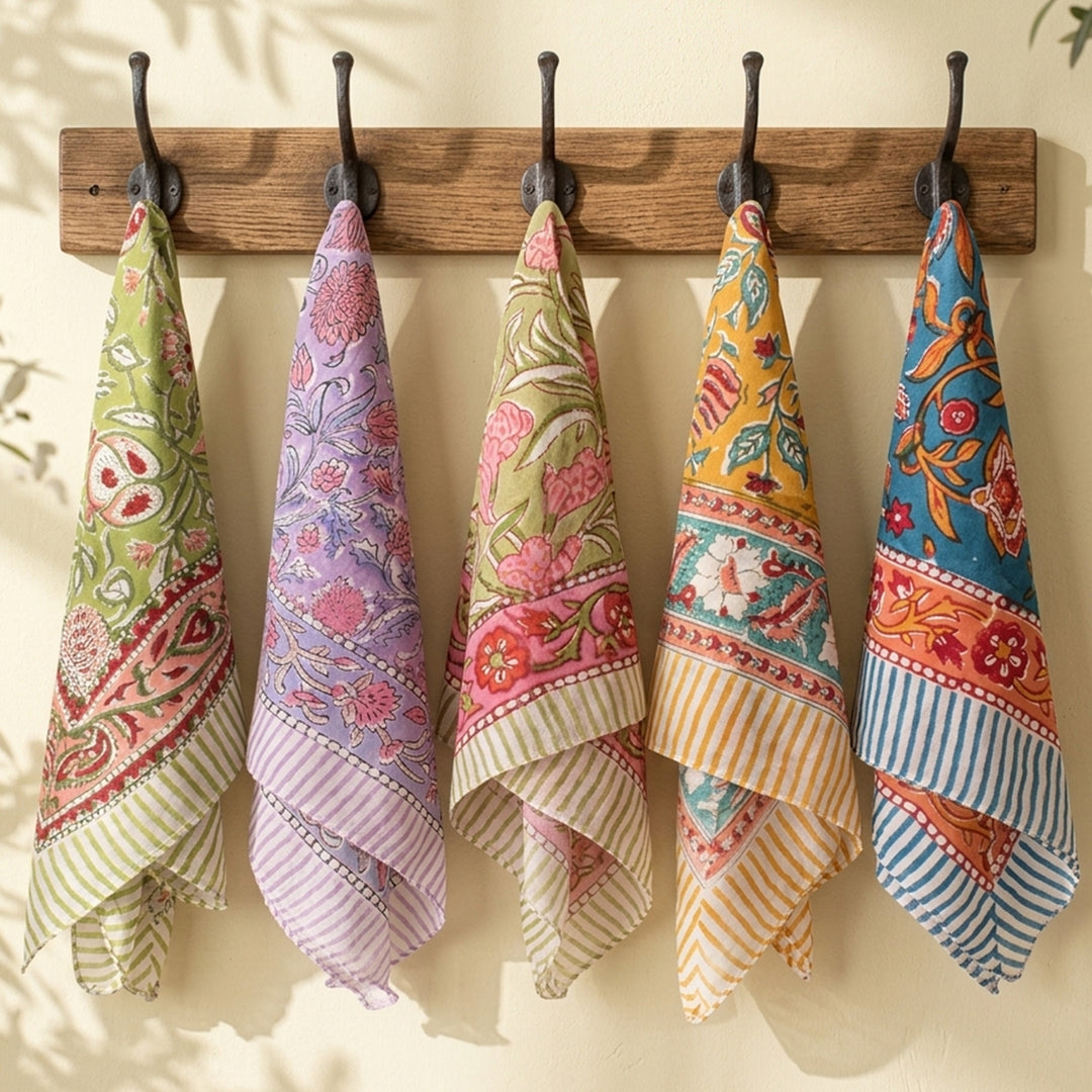 100% Cotton Bandana, Lightweight Cotton Scarf, Eco-Friendly Neck Wrap, Hand block Printed Bandana, Unisex Summer Accessory - 5pcs