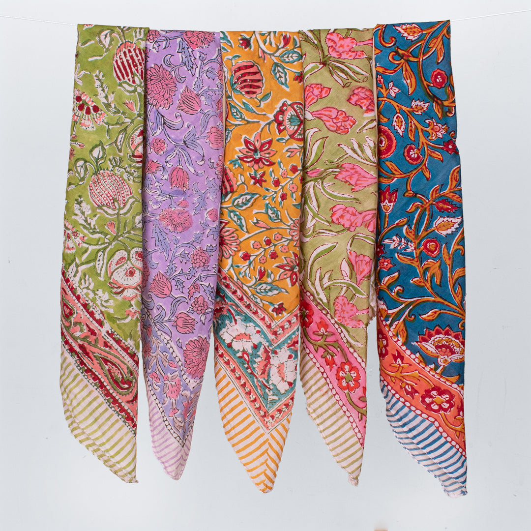 100% Cotton Bandana, Lightweight Cotton Scarf, Eco-Friendly Neck Wrap, Hand block Printed Bandana, Unisex Summer Accessory - 5pcs