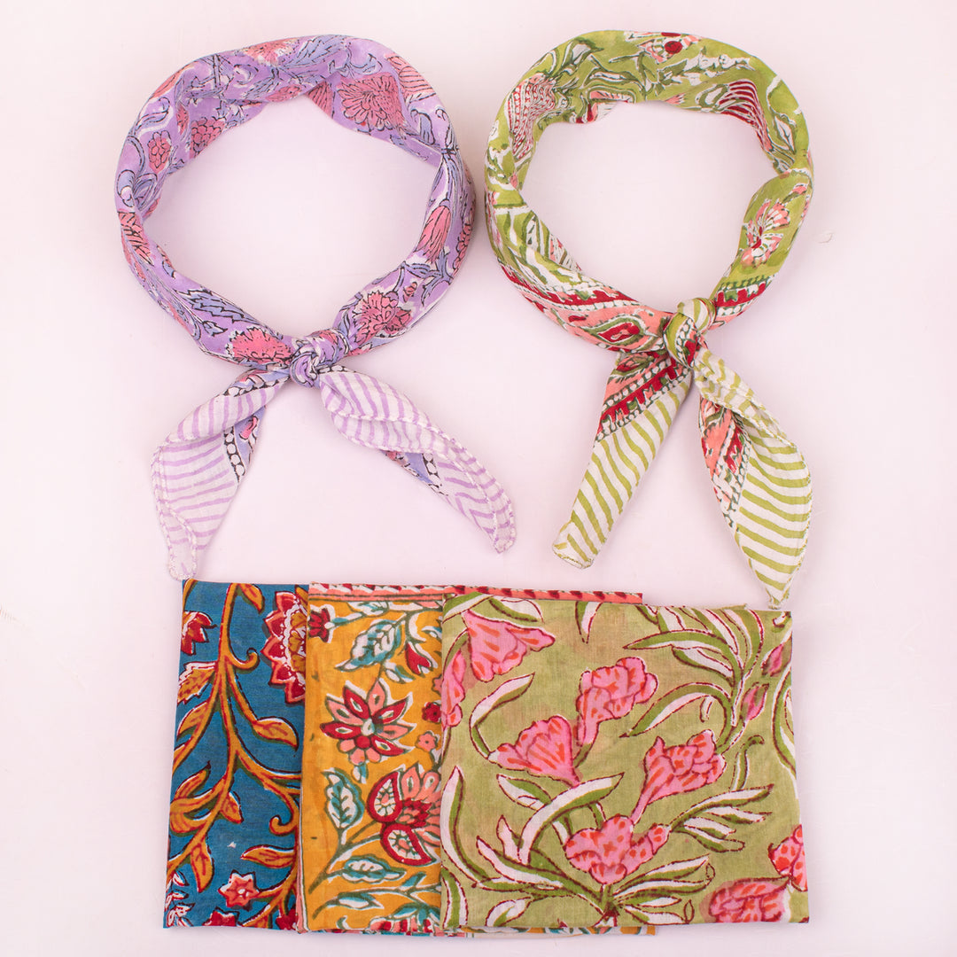 100% Cotton Bandana, Lightweight Cotton Scarf, Eco-Friendly Neck Wrap, Hand block Printed Bandana, Unisex Summer Accessory - 5pcs