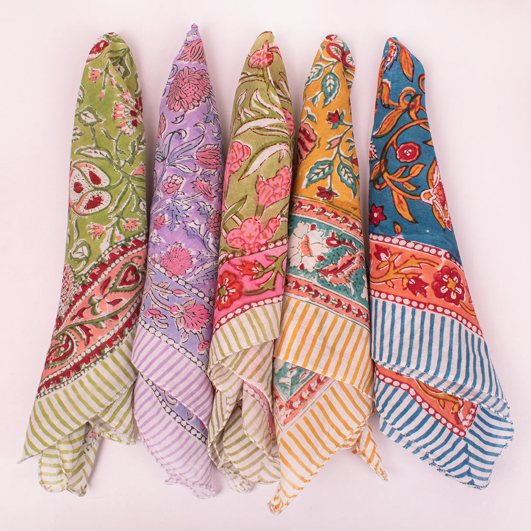 100% Cotton Bandana, Lightweight Cotton Scarf, Eco-Friendly Neck Wrap, Hand block Printed Bandana, Unisex Summer Accessory - 5pcs