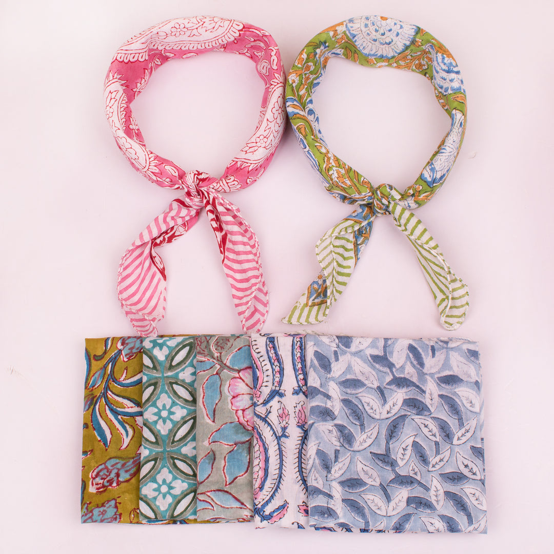 Lightweight Handcrafted Cotton Bandana, Block Printed Headwrap For Women Or Men, Stylish Summer Gift - 7pcs