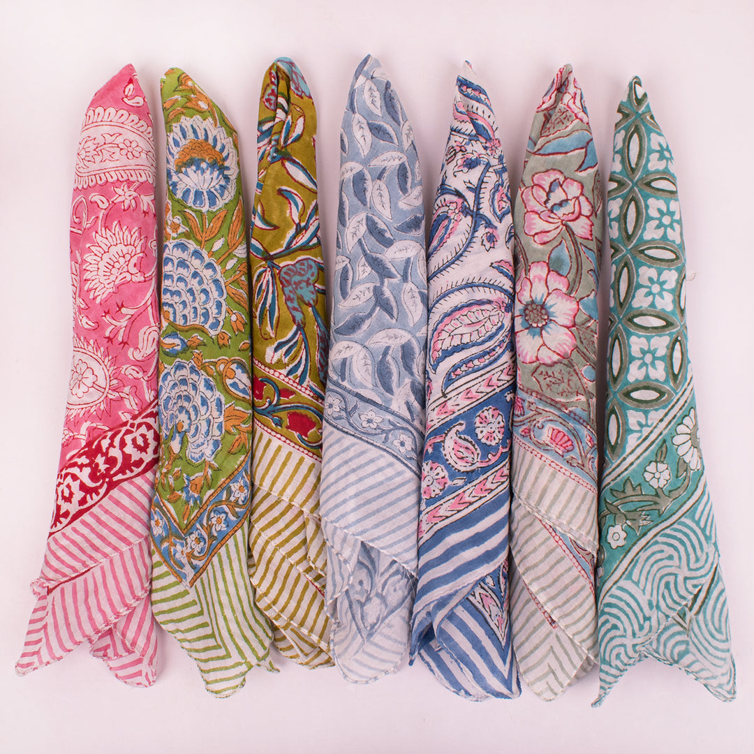 Lightweight Handcrafted Cotton Bandana, Block Printed Headwrap For Women Or Men, Stylish Summer Gift - 7pcs