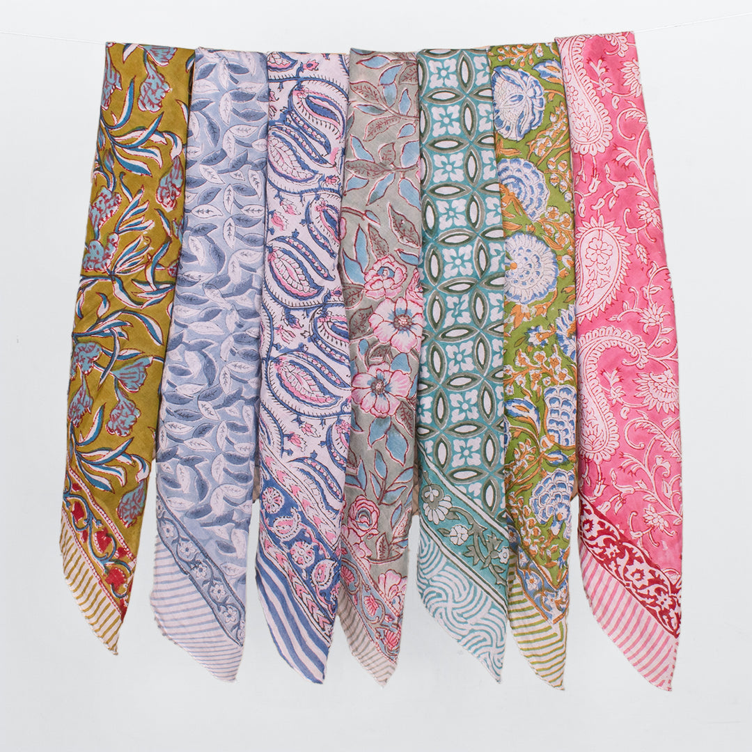 Lightweight Handcrafted Cotton Bandana, Block Printed Headwrap For Women Or Men, Stylish Summer Gift - 7pcs