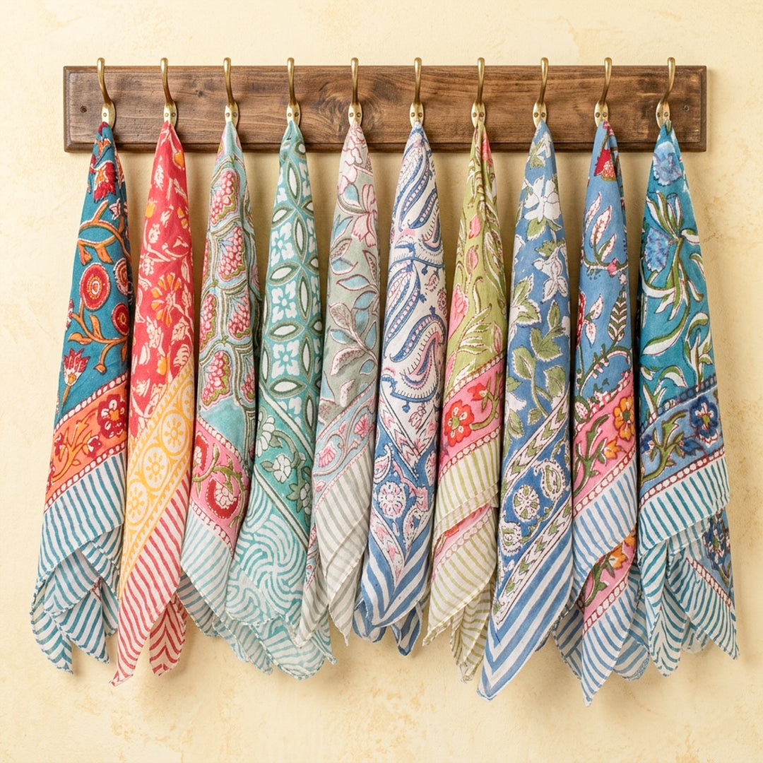 Vintage Style Boho Neck Scarf, Ethnic Hand Block Printed Bandana, Soft Cotton Bandana, Sustainable Bandana For Men & Women - 10pcs