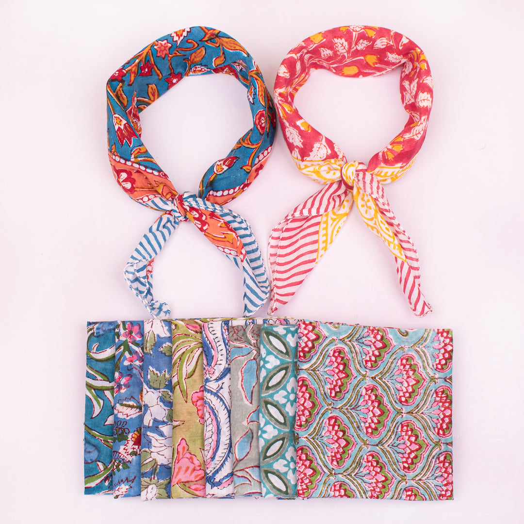 Vintage Style Boho Neck Scarf, Ethnic Hand Block Printed Bandana, Soft Cotton Bandana, Sustainable Bandana For Men & Women - 10pcs