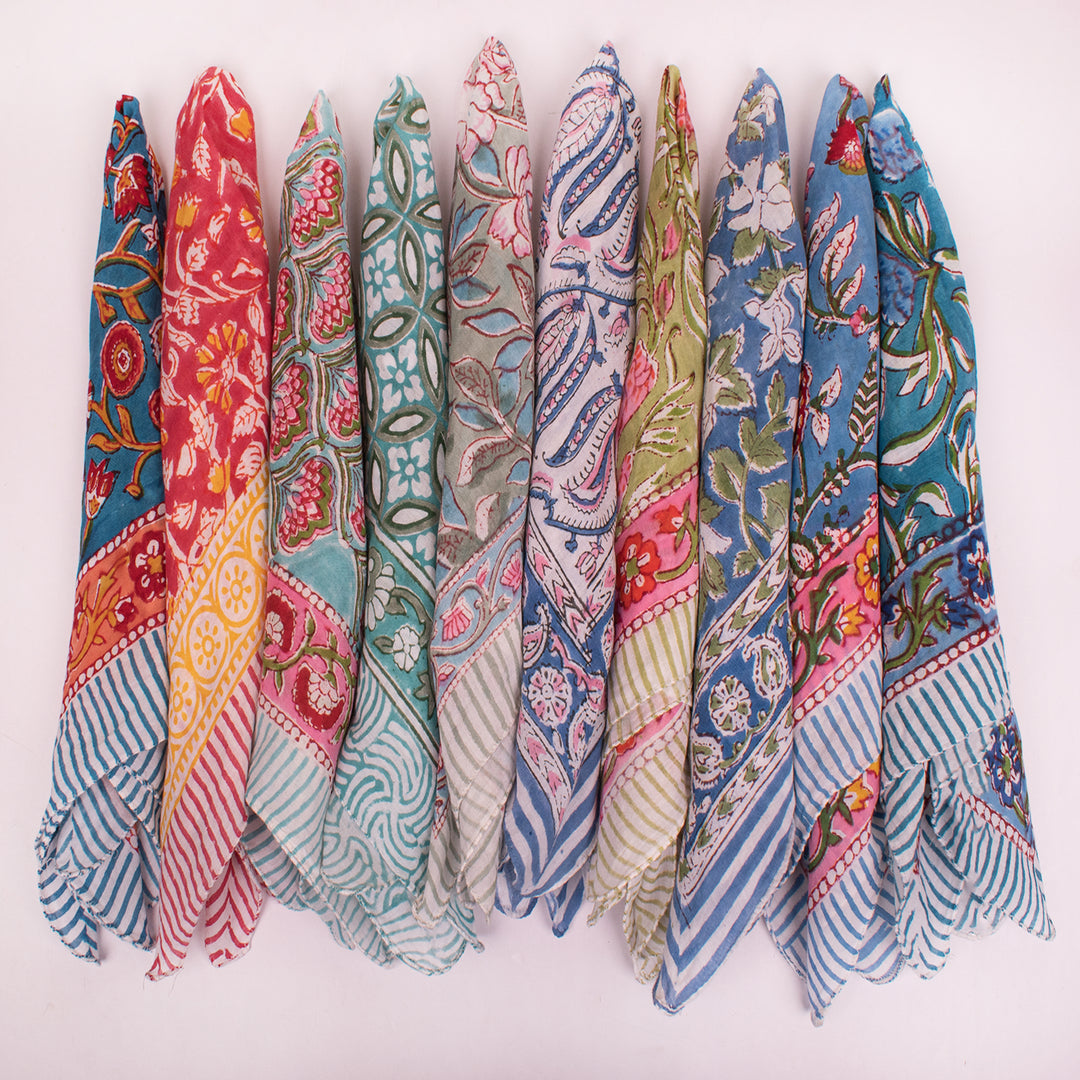 Vintage Style Boho Neck Scarf, Ethnic Hand Block Printed Bandana, Soft Cotton Bandana, Sustainable Bandana For Men & Women - 10pcs