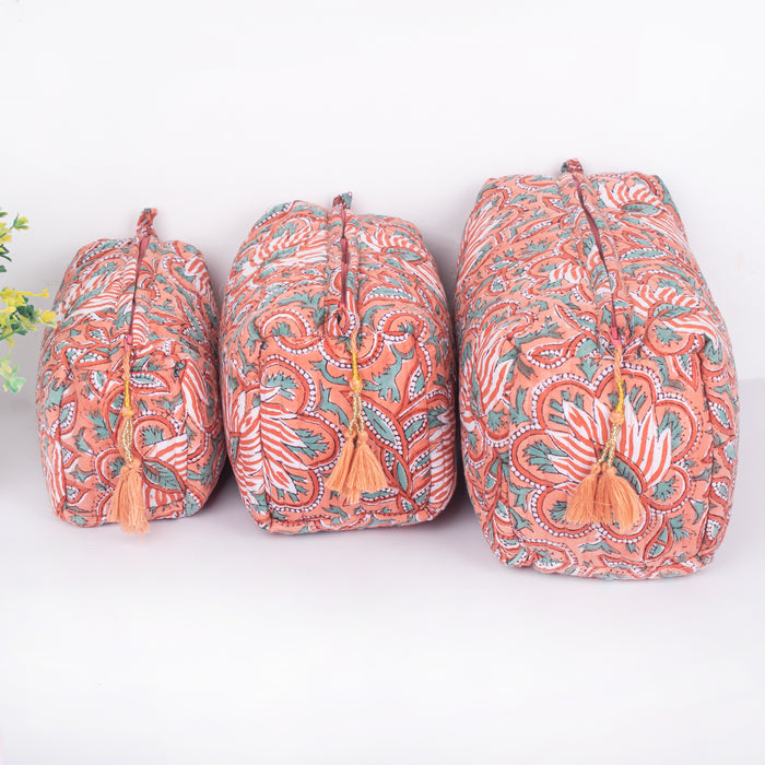 Indian Cotton Floral Hand Block Print Toiletry Bag,Travel bag,Make up Pouch,Quilted Wash Bag,Shaving Kit, Vanity Case