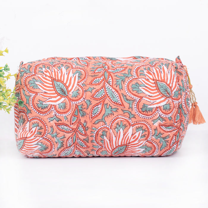 Indian Cotton Floral Hand Block Print Toiletry Bag,Travel bag,Make up Pouch,Quilted Wash Bag,Shaving Kit, Vanity Case