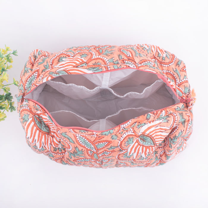 Indian Cotton Floral Hand Block Print Toiletry Bag,Travel bag,Make up Pouch,Quilted Wash Bag,Shaving Kit, Vanity Case