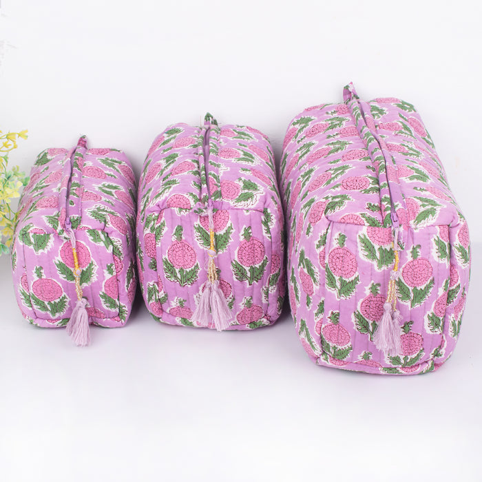 Quilted Wash Bag, Handmade Floral Print Cosmetic Organizer, Hand Block Travel bag, Vanity Case, Travel bag