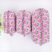 Quilted Wash Bag, Indian Handmade Floral Print Cosmetic Organizer, Hand Block Travel bag, Vanity Case, Travel bag