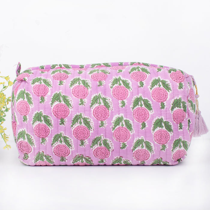 Quilted Wash Bag, Indian Handmade Floral Print Cosmetic Organizer, Hand Block Travel bag, Vanity Case, Travel bag