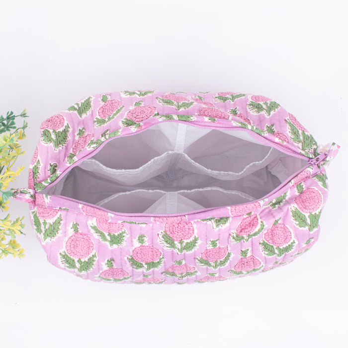 Quilted Wash Bag, Indian Handmade Floral Print Cosmetic Organizer, Hand Block Travel bag, Vanity Case, Travel bag