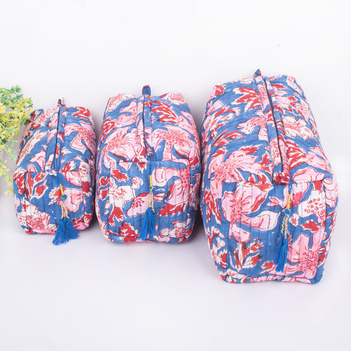 Indian Cotton Floral Hand Block Print Toiletry Bag,Travel bag,Make up Pouch,Quilted Wash Bag,Shaving Kit, Vanity Case