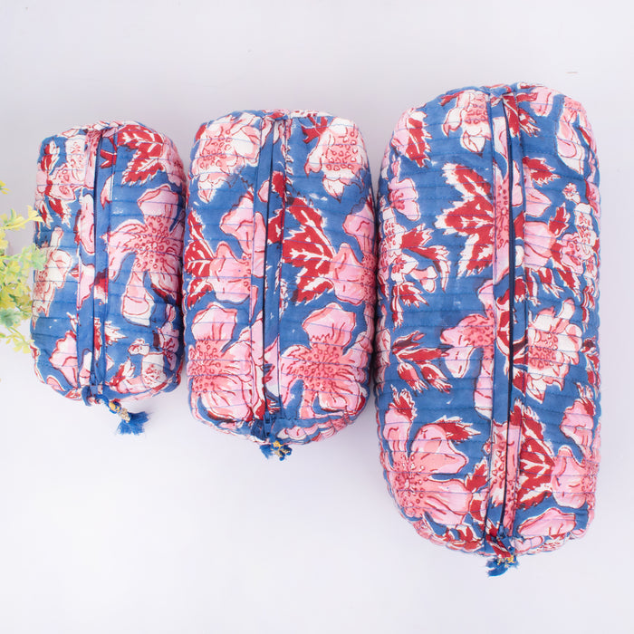 Indian Cotton Floral Hand Block Print Toiletry Bag,Travel bag,Make up Pouch,Quilted Wash Bag,Shaving Kit, Vanity Case