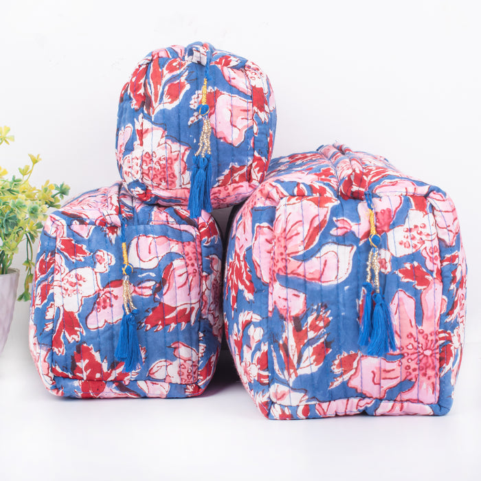 Indian Cotton Floral Hand Block Print Toiletry Bag,Travel bag,Make up Pouch,Quilted Wash Bag,Shaving Kit, Vanity Case