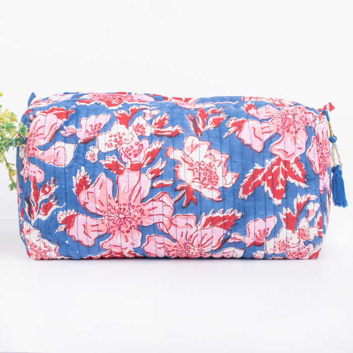 Indian Cotton Floral Hand Block Print Toiletry Bag,Travel bag,Make up Pouch,Quilted Wash Bag,Shaving Kit, Vanity Case