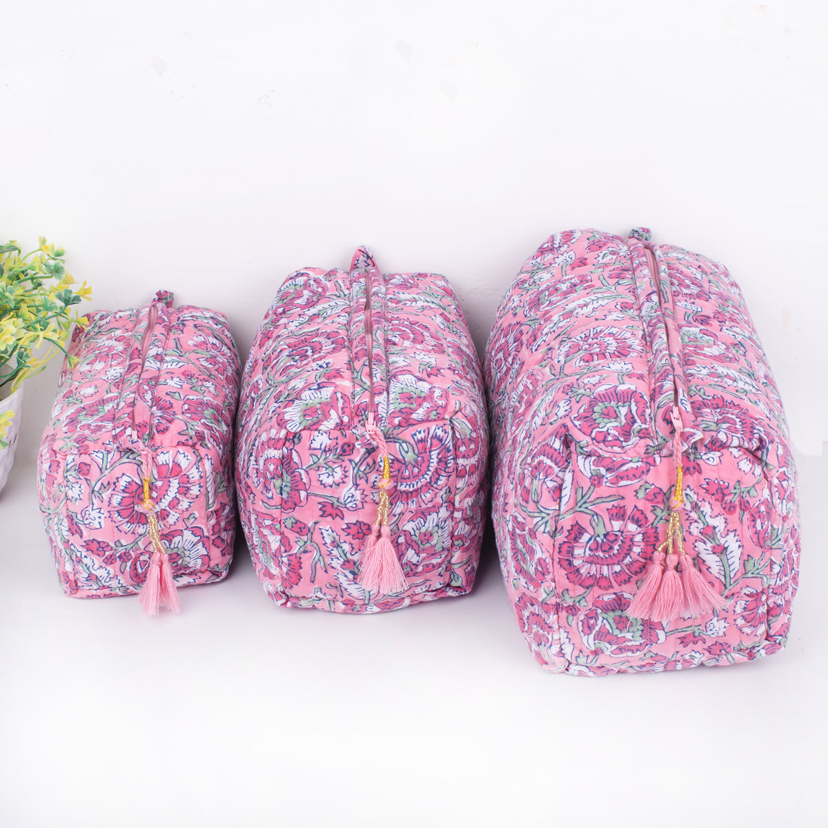 Cotton Quilted Block Printed Toiletry Bags Set, Wash Bags Set of 2  ,cosmetic Bags, Travel Holiday Bags 