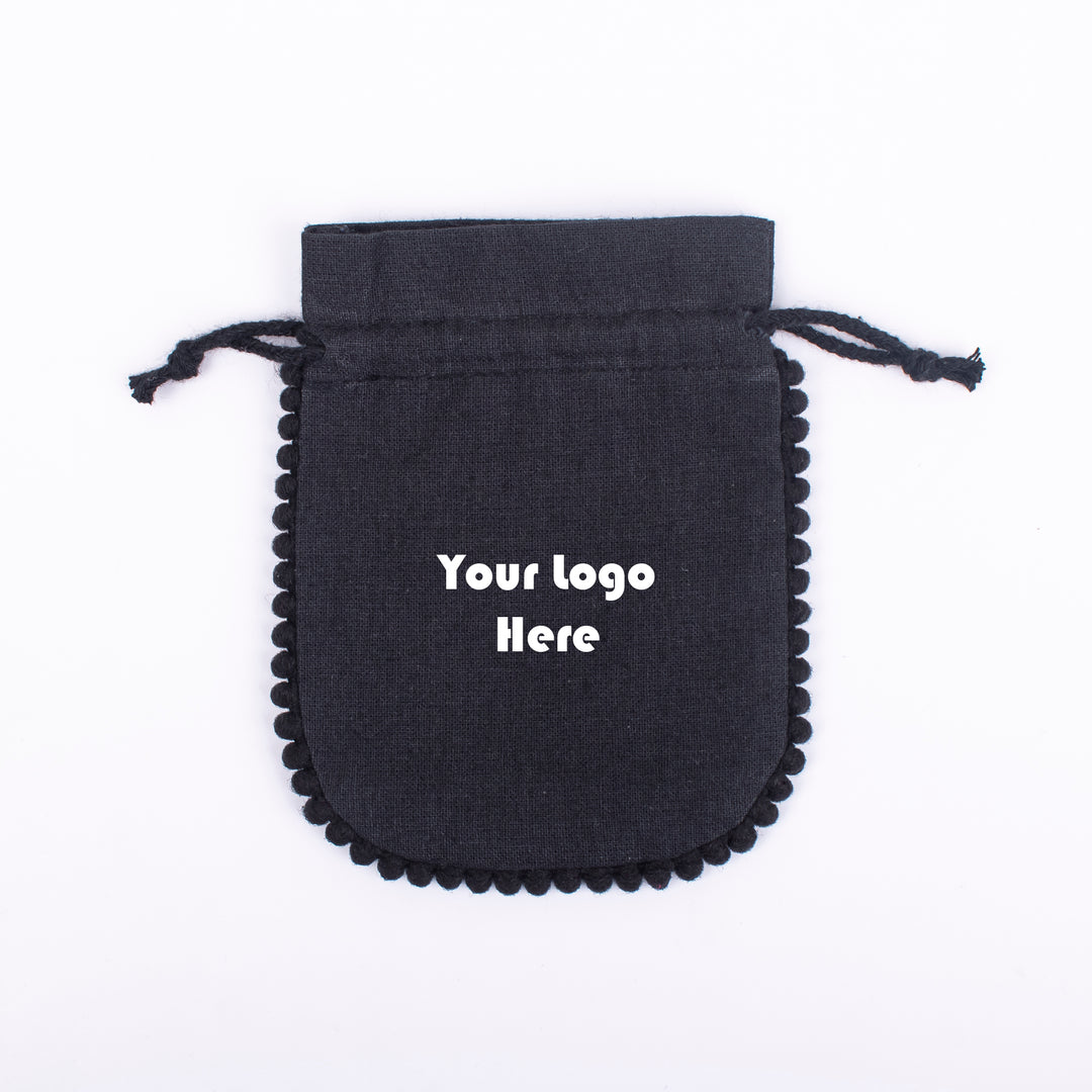 Small Black Round Pompom Cotton Jewelry Pouches, Handmade Storage Bags - CraftJaipur