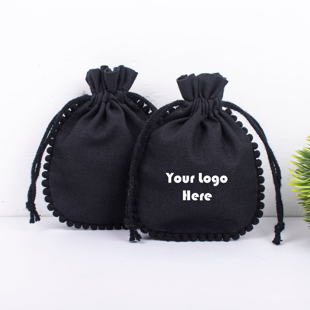 Small Black Round Pompom Cotton Jewelry Pouches, Handmade Storage Bags - CraftJaipur