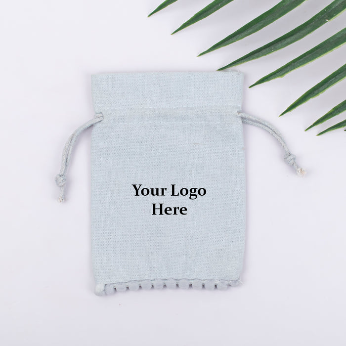 Light Grey Bottom PomPom Custom Jewerly Packaging Pouch Logo Personalized Drawstring Bag Small Wedding Favor
