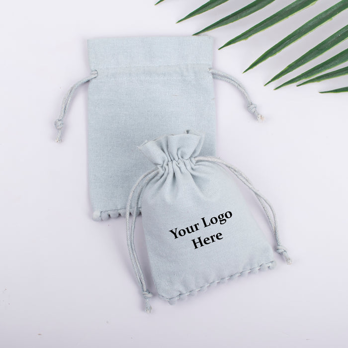 Light Grey Bottom PomPom Custom Jewerly Packaging Pouch Logo Personalized Drawstring Bag Small Wedding Favor