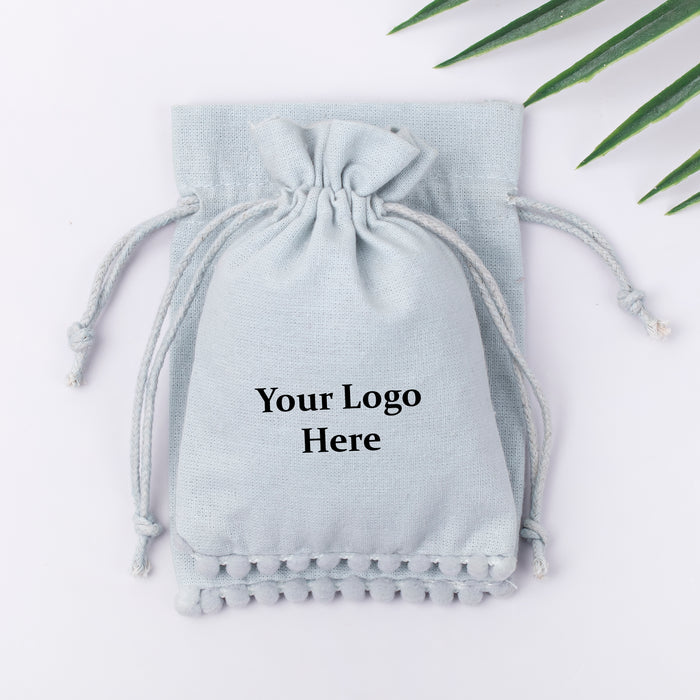 Light Grey Bottom PomPom Custom Jewerly Packaging Pouch Logo Personalized Drawstring Bag Small Wedding Favor