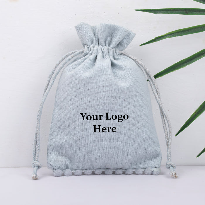 Light Grey Bottom PomPom Custom Jewerly Packaging Pouch Logo Personalized Drawstring Bag Small Wedding Favor