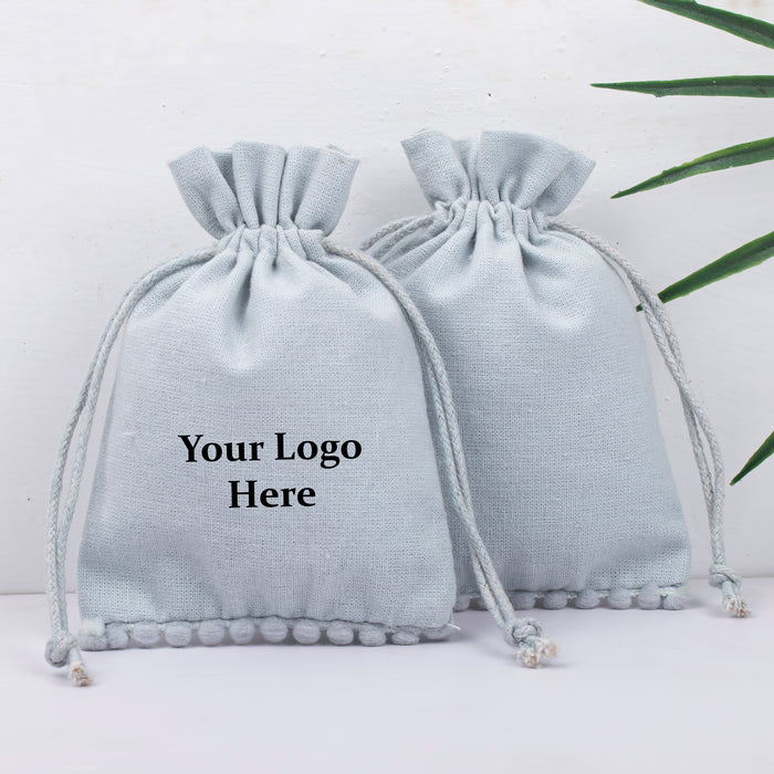 Light Grey Bottom PomPom Custom Jewerly Packaging Pouch Logo Personalized Drawstring Bag Small Wedding Favor