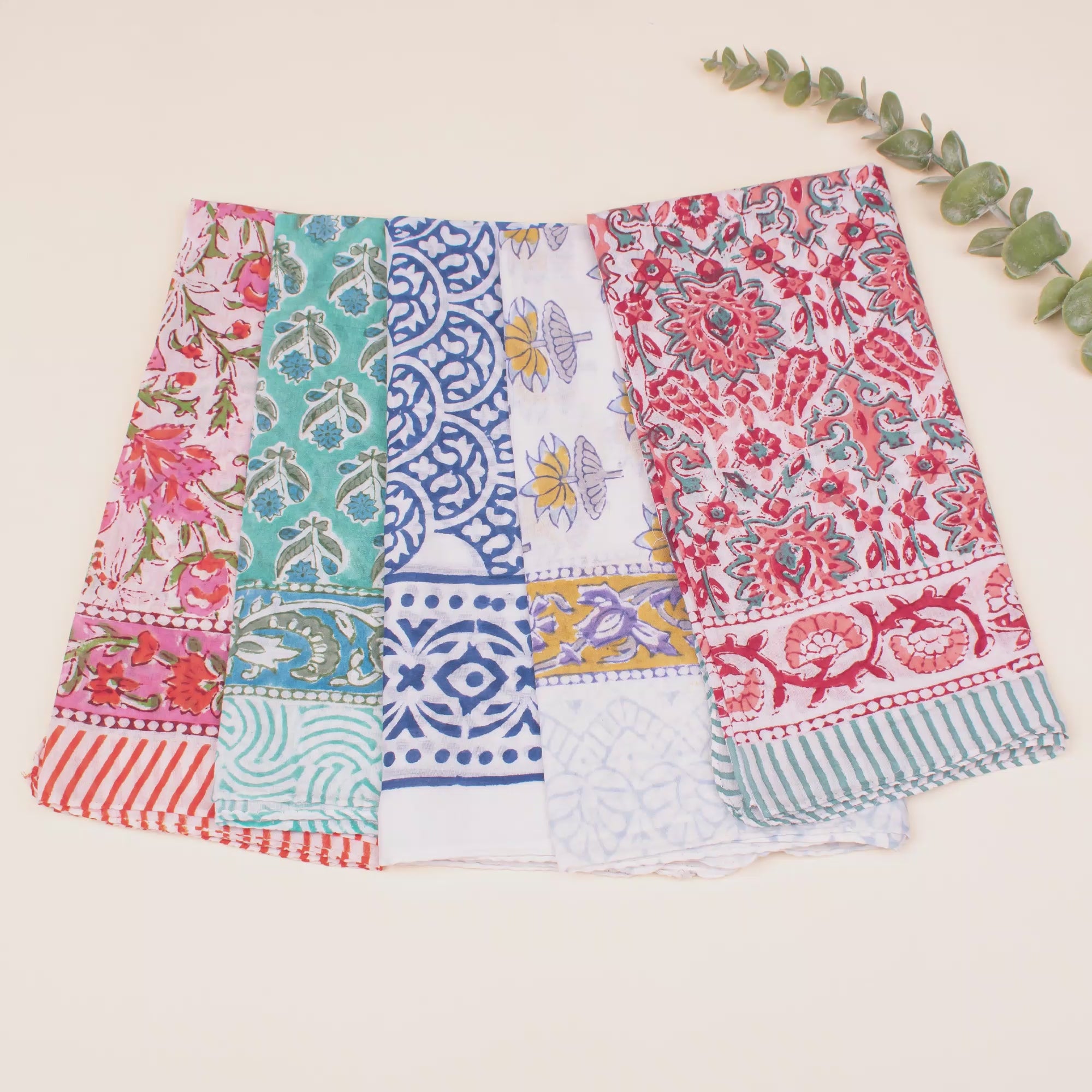 Set of 5 - Soft Cotton Block Print Bandana, Organic Paisley Headwrap, Lightweight Boho Style Summer Accessory, Men & Women Eco-Friendly Gift