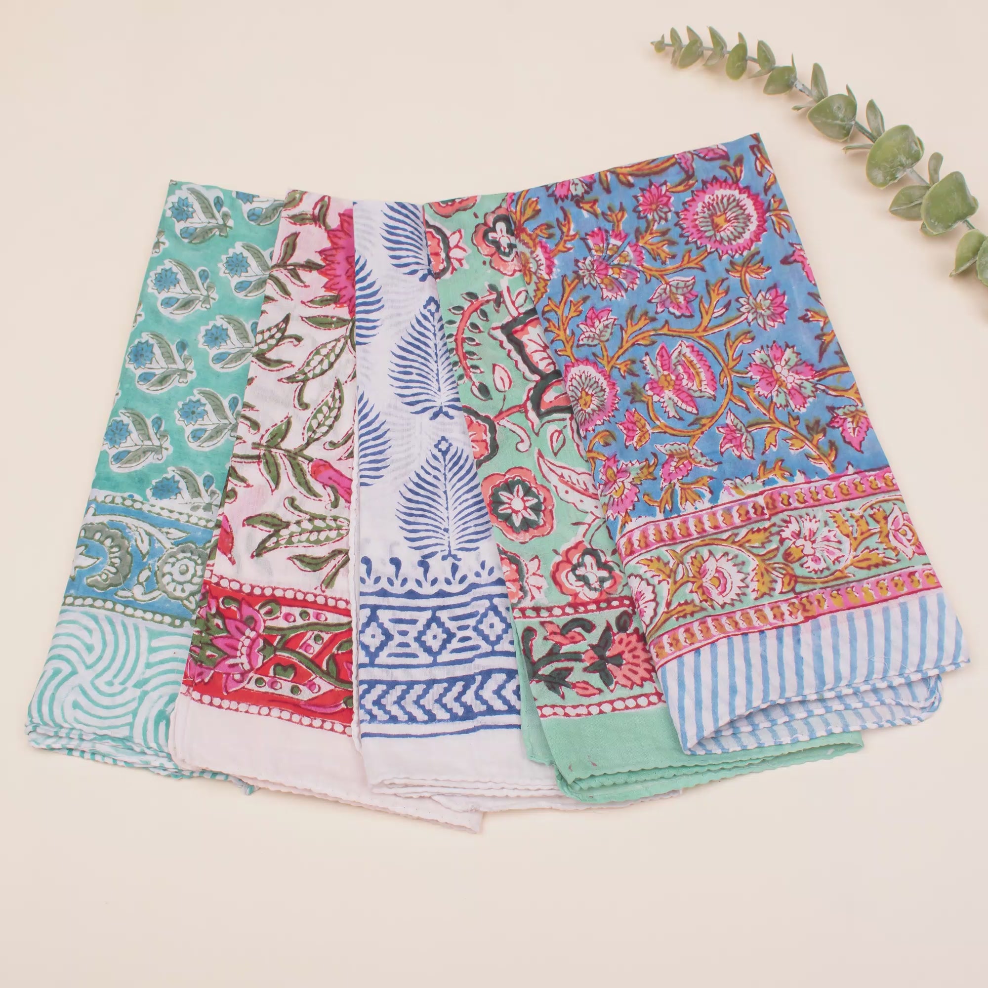 Set of 5 - Lightweight Handcrafted Cotton Bandana, Block Printed Headwrap For Women Or Men, Stylish Summer Gift