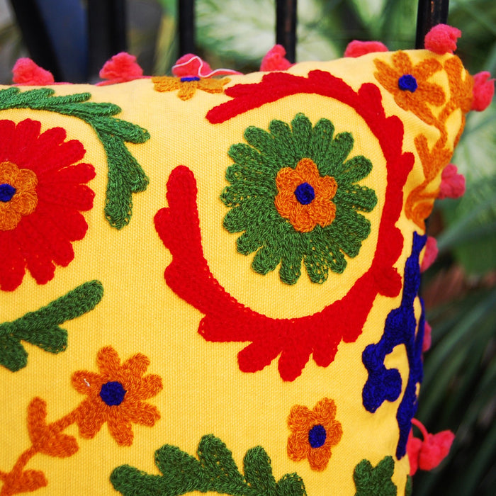 Suzani Hand Embroidery Cushion Cover Indian Pom Pom-Craft Jaipur