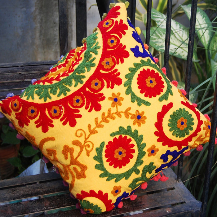 Suzani Hand Embroidery Cushion Cover Indian Pom Pom-Craft Jaipur