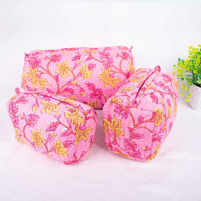 Set of 3 Pieces Indian Cotton Handmade Floral Block Print Toiletry Bag Storage, Cosmetic Organizer,Travel bag, Vanity Case Quilted Wash Bag