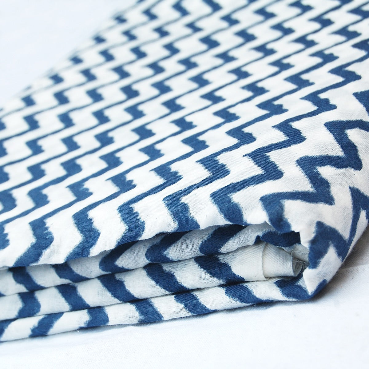 Indigo Blue Zig Zag Printed Running Cotton Sanganeri Fabric-Craft Jaipur