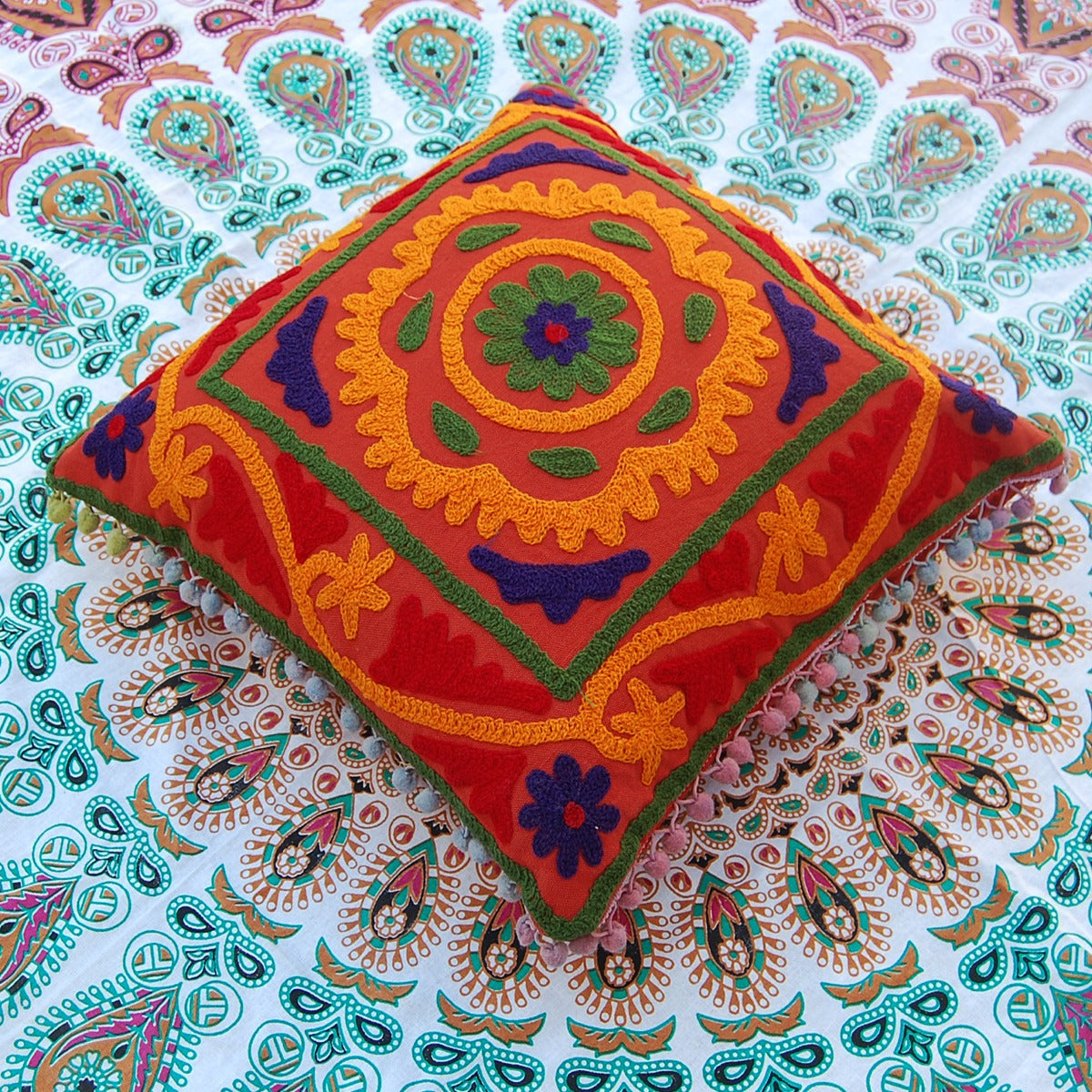 Suzani Embroidered Cushion Covers Uzbek Cotton Pillow Case - CraftJaipur