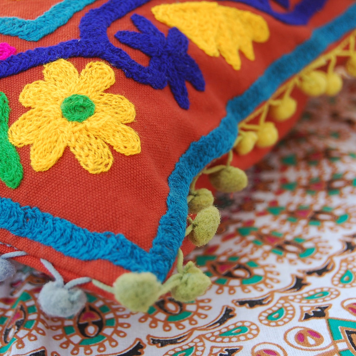 Suzani Embroidered Cushion Cover Cotton Pillow Cover-Craft Jaipur