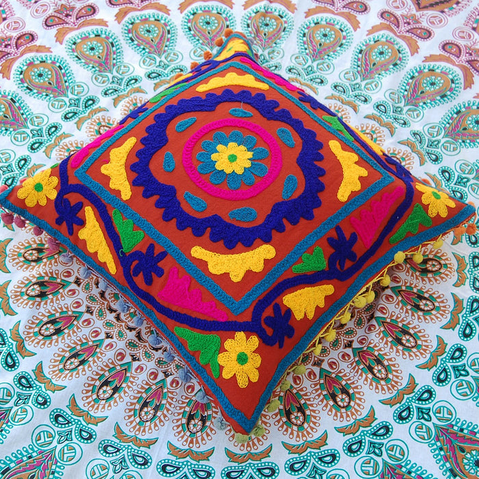 Suzani Embroidered Cushion Cover Cotton Pillow Cover-Craft Jaipur