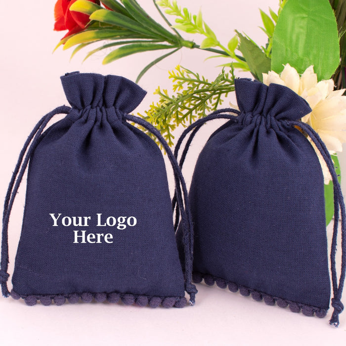 Navy Blue Cotton Drawstring Jewelry Pouches Bags With Logo – CraftJaipur