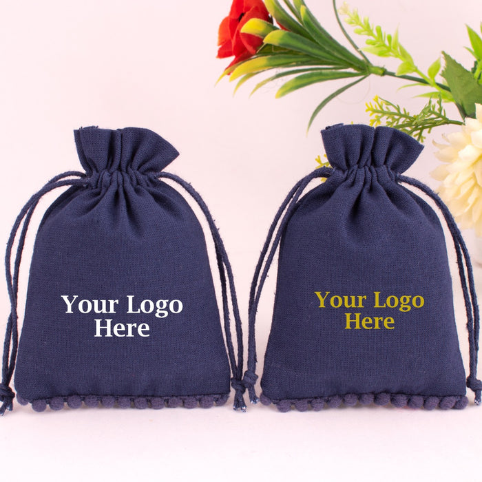 Navy Blue Cotton Drawstring Jewelry Pouches Bags With Logo