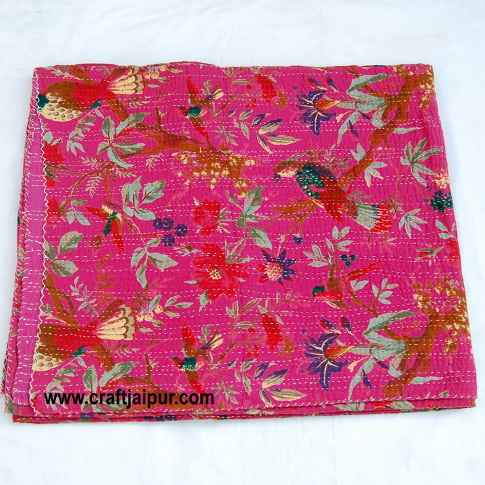 Floral Bird Printed Kantha Quilt, Queen Size Cotton Bedspread, Handmade Indian Gudri