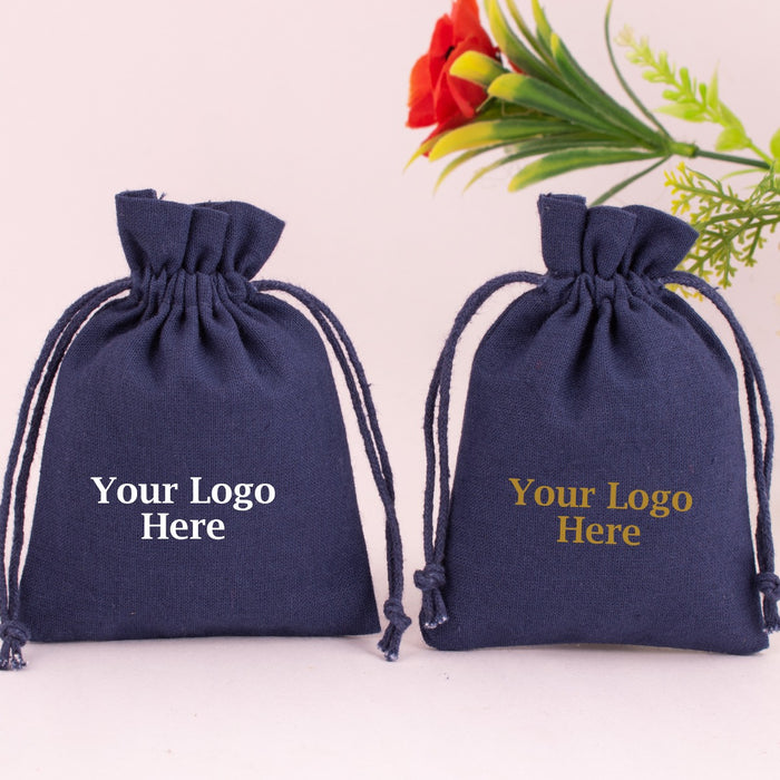 Custom Jewelry Packaging Pouch, Coins, Herbal and Cosmetic Products Packaging Pouch, Drawstring Pouch With Brand Logo (Navy Blue, Pack Of 100)-CraftJaipur